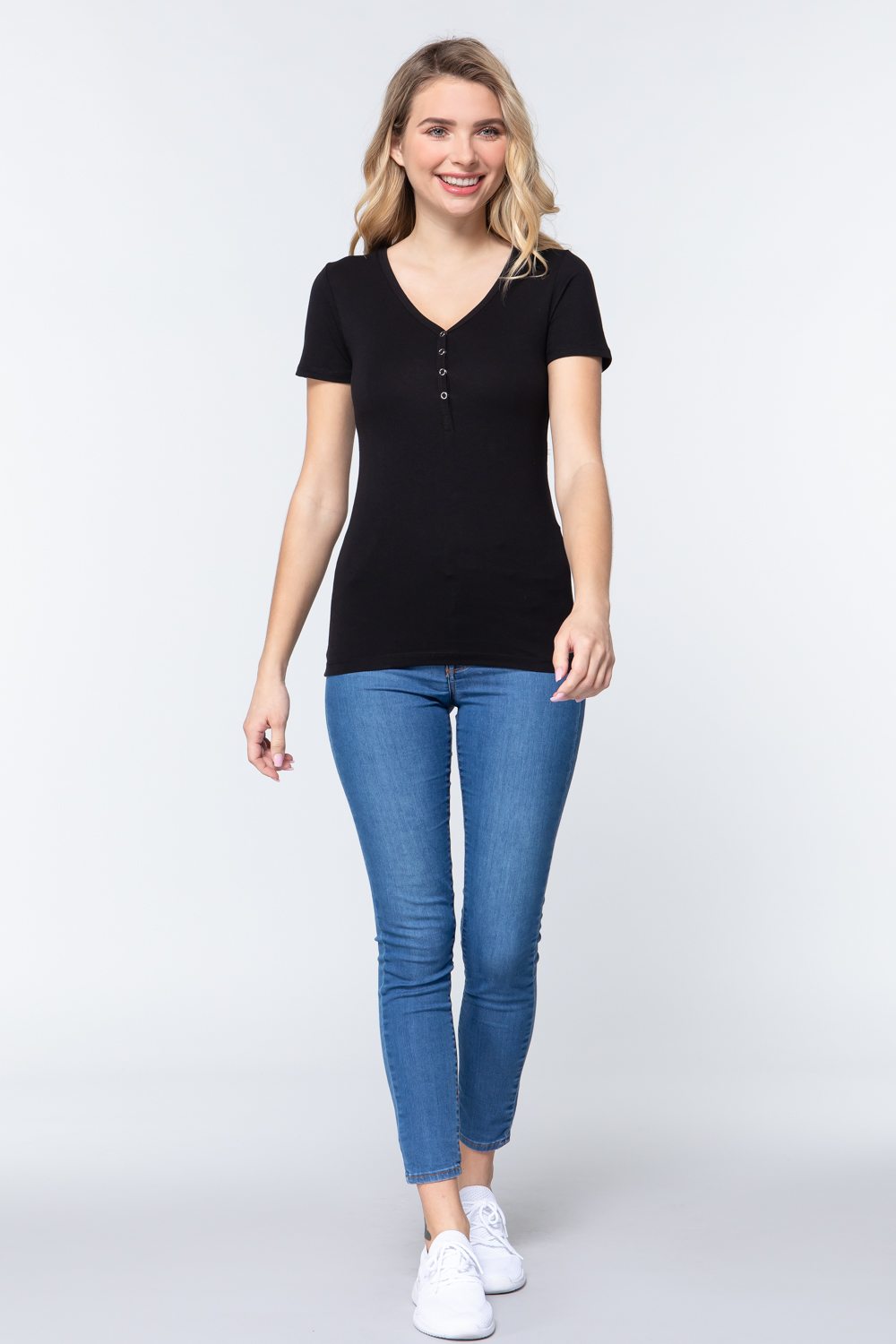 Women's Short Slv V-neck Henley Knit Top