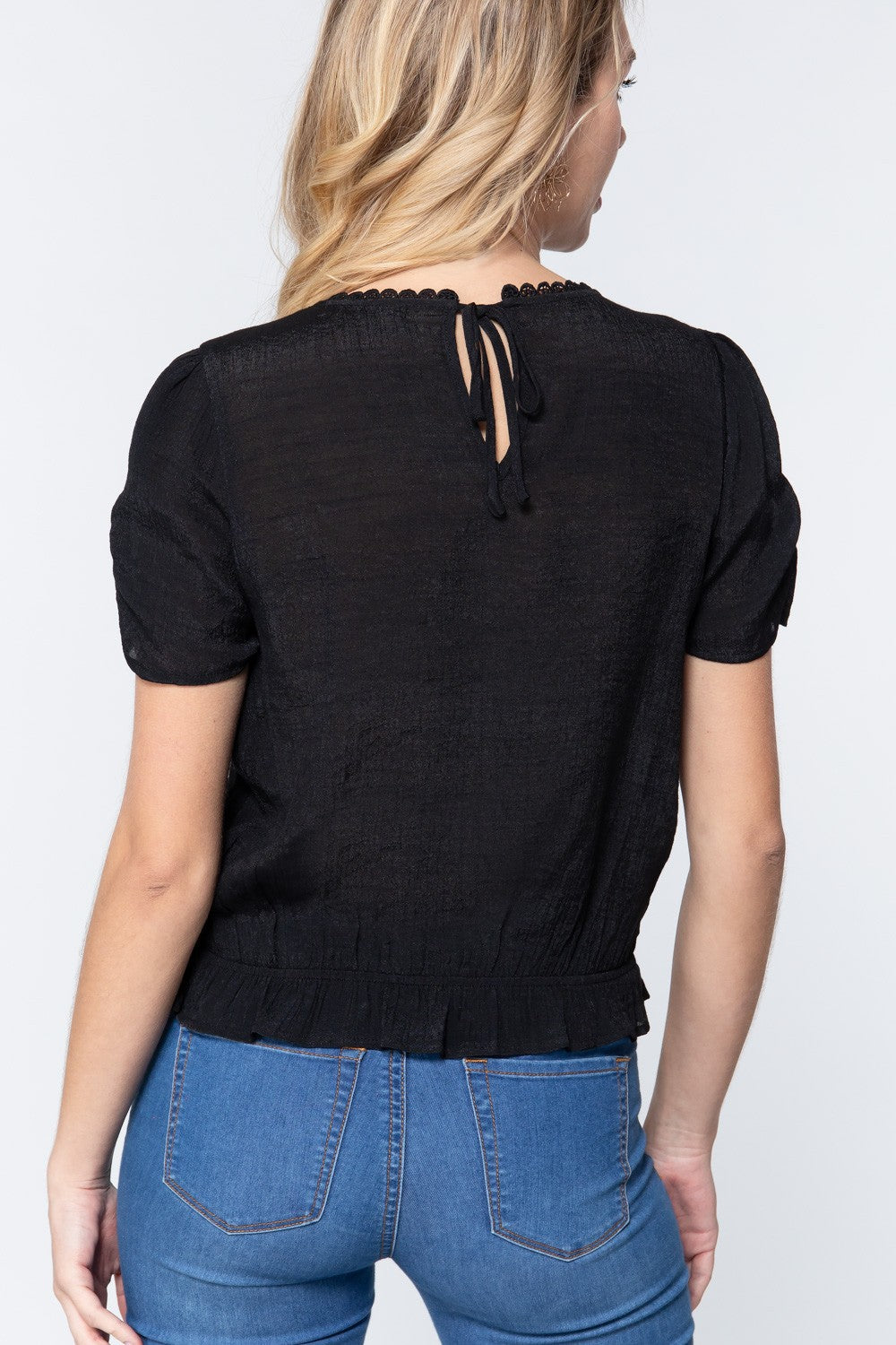 Women's Short Shirring Slv Pleated Woven Top