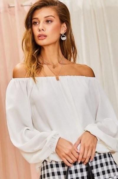 Women's Off Shoulder Long Bubble Sleeve Solid Top