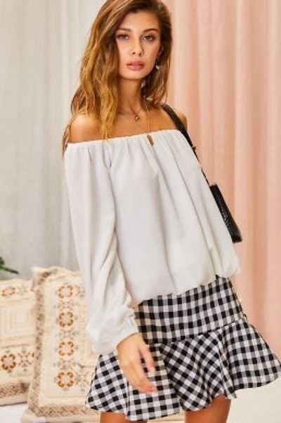 Women's Off Shoulder Long Bubble Sleeve Solid Top