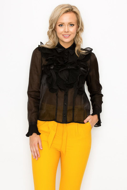 Women's Ruffle Trim Long Sleeve Blouse