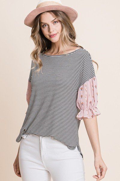 Women's Cute Striped Curved Hem Casual Top