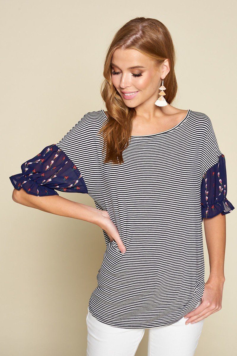 Women's Cute Striped Curved Hem Casual Top