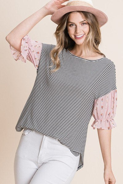 Women's Cute Striped Curved Hem Casual Top