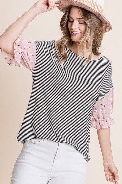 Women's Cute Striped Curved Hem Casual Top