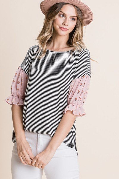 Women's Cute Striped Curved Hem Casual Top