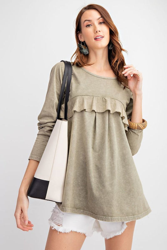 Women's Long Sleeve Ruffled Detailing Oil Washed Knit Tunic