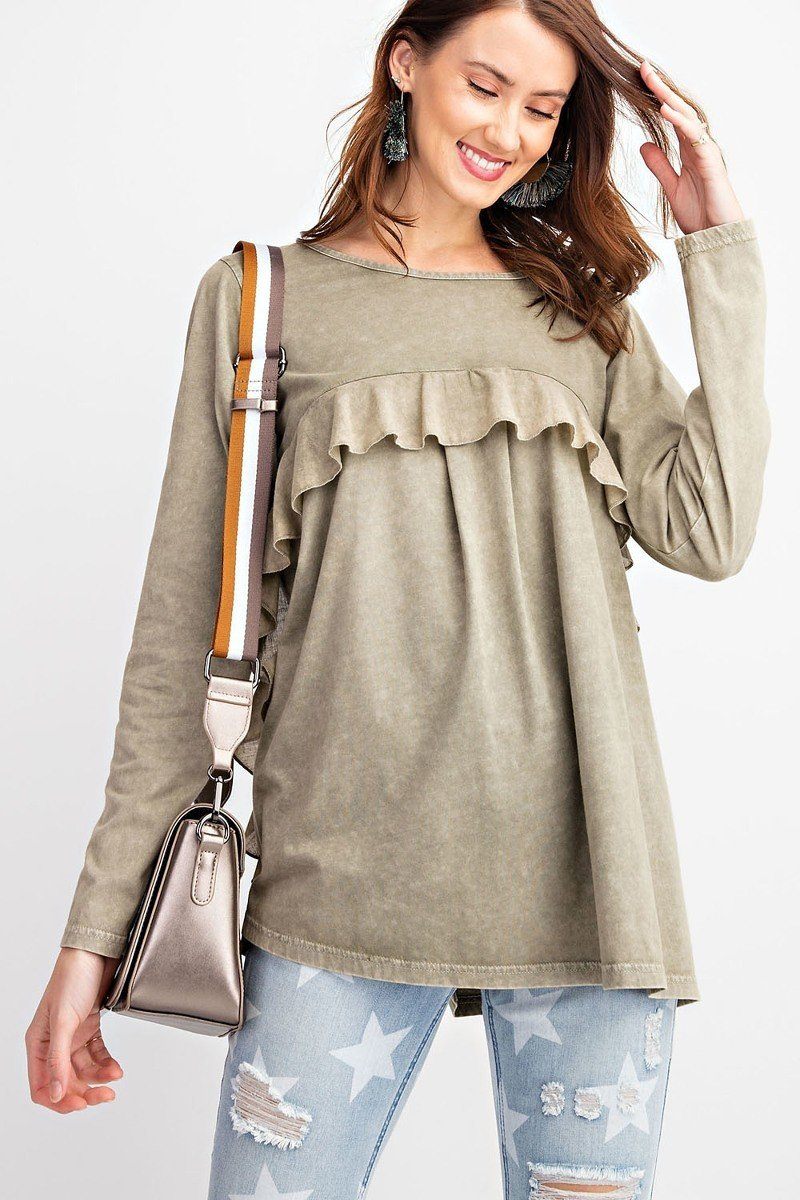 Women's Long Sleeve Ruffled Detailing Oil Washed Knit Tunic