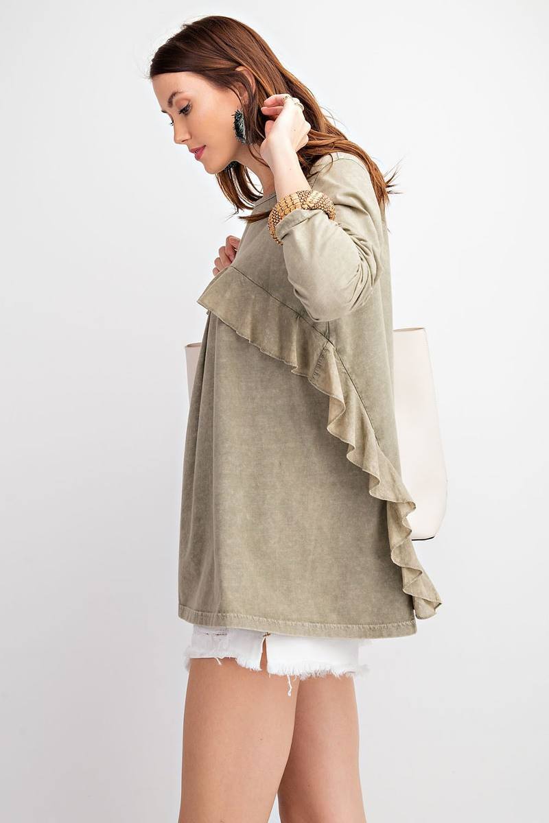 Women's Long Sleeve Ruffled Detailing Oil Washed Knit Tunic