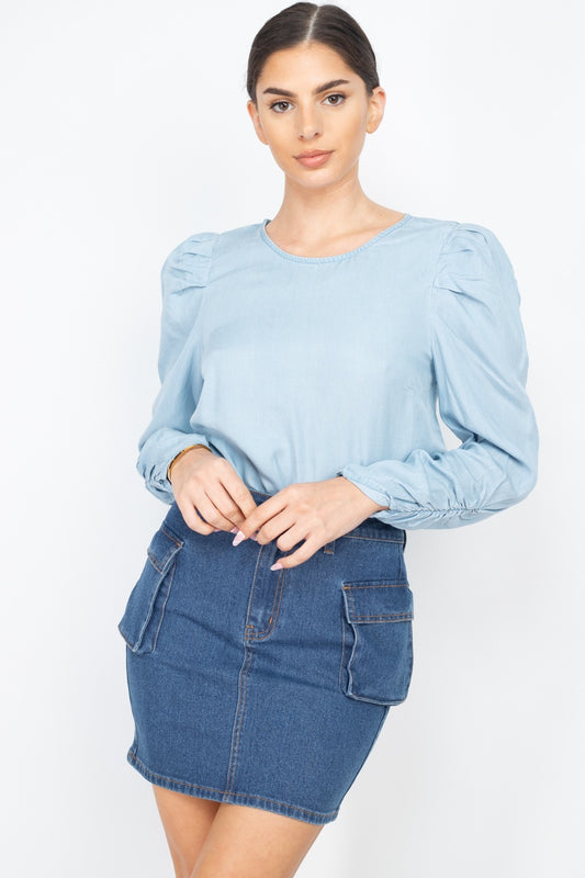 Women's Shirring Puff Sleeves Denim Top