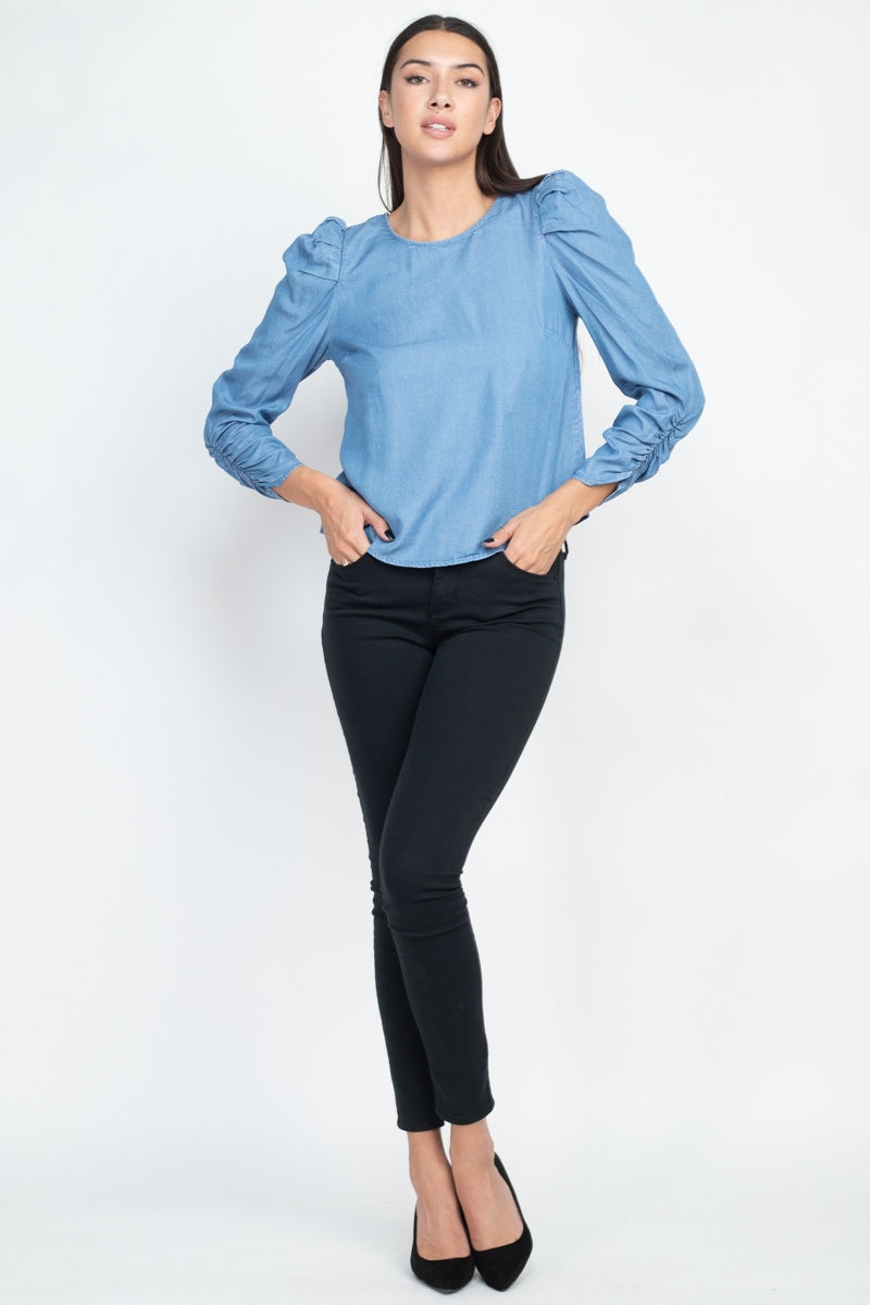 Women's Shirring Puff Sleeves Denim Top