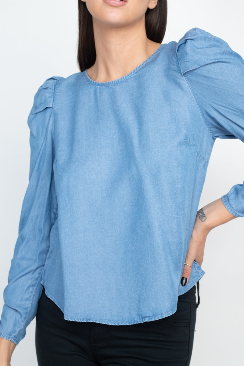 Women's Shirring Puff Sleeves Denim Top