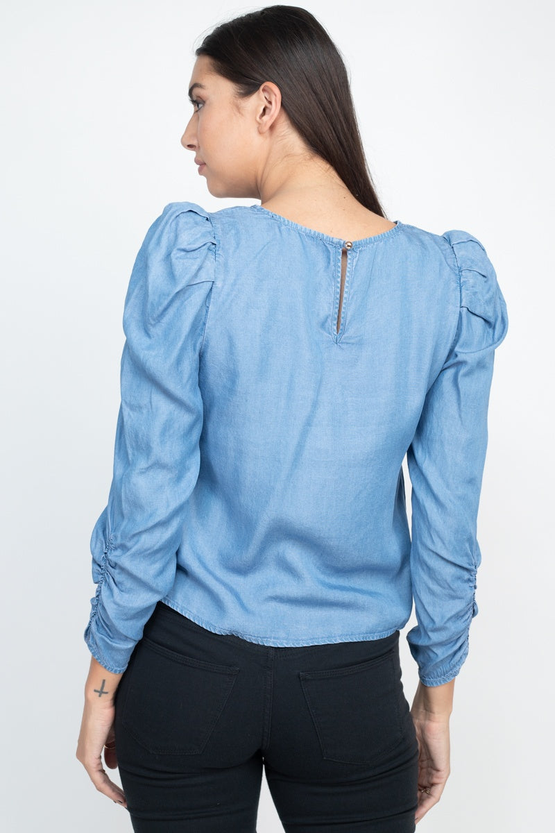 Women's Shirring Puff Sleeves Denim Top