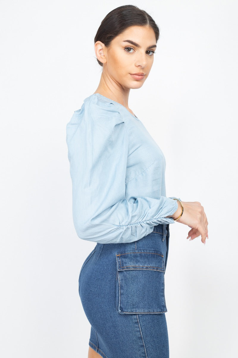 Women's Shirring Puff Sleeves Denim Top