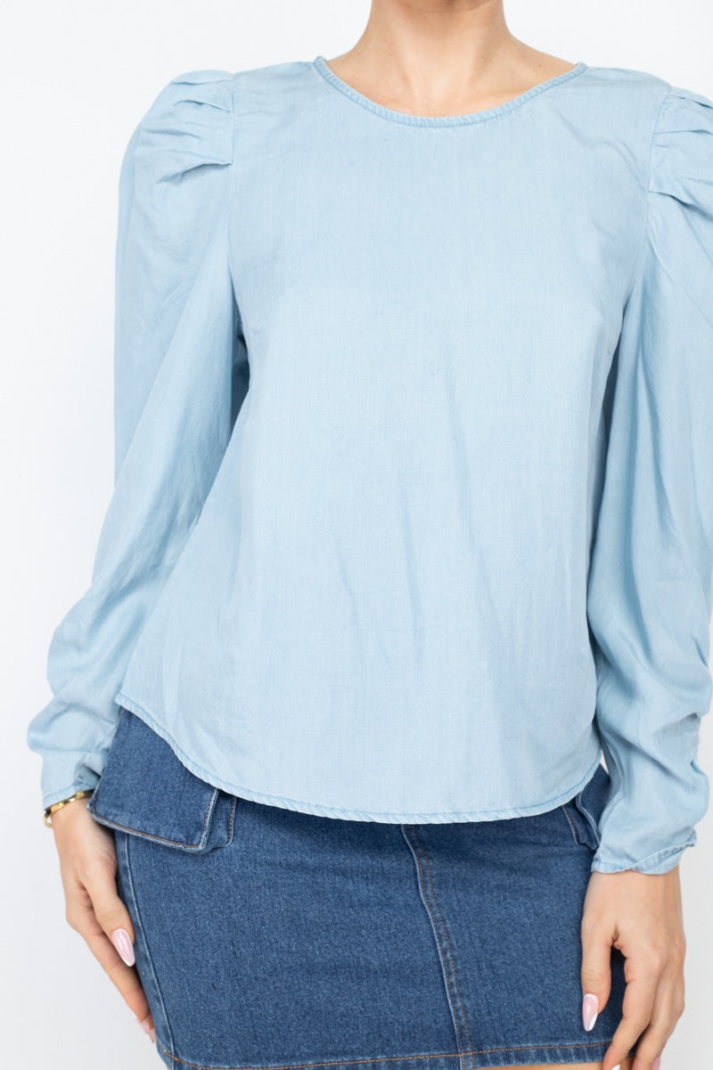 Women's Shirring Puff Sleeves Denim Top