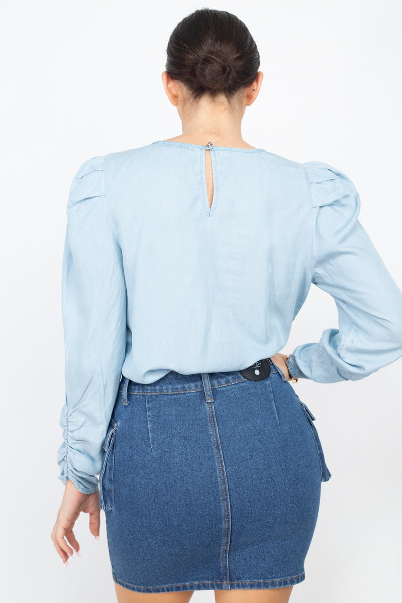 Women's Shirring Puff Sleeves Denim Top