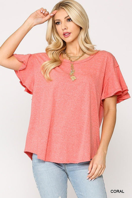 Women's Solid Round Neck Frill Sleeve Top With Scoop Hem