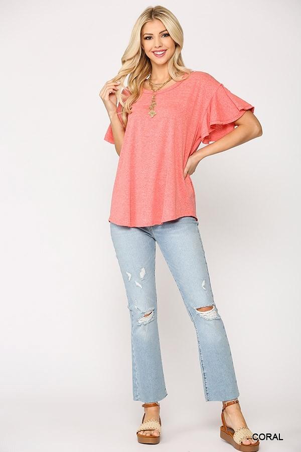 Women's Solid Round Neck Frill Sleeve Top With Scoop Hem