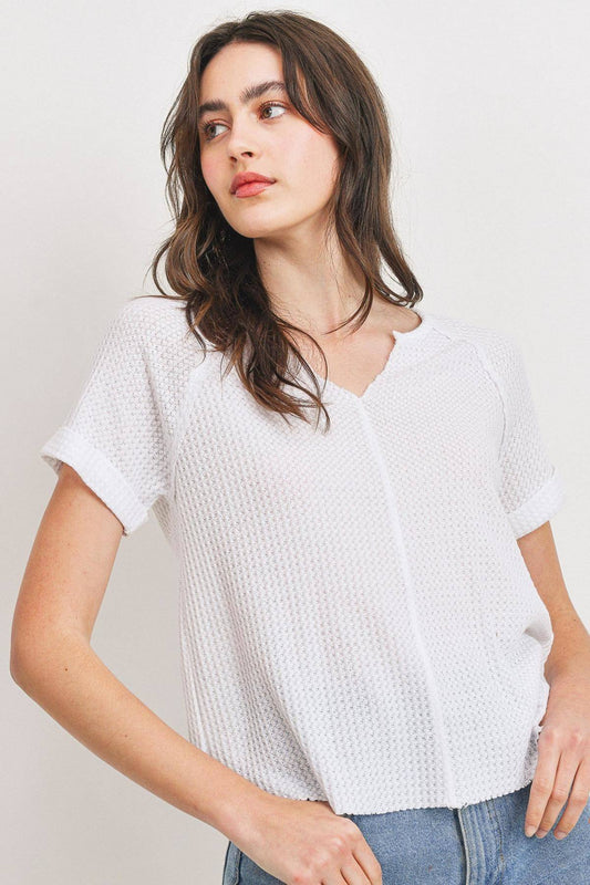 Women's Waffle Raw Edge V-neck Rolled Up Short Sleeves Top