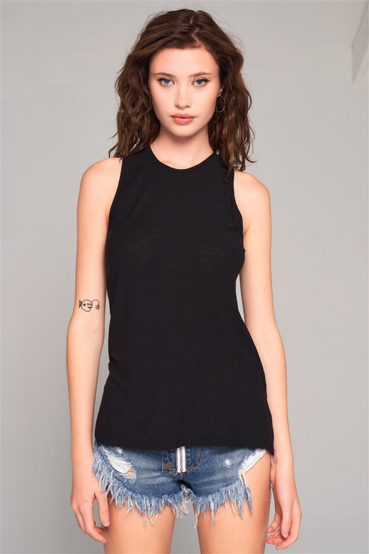 Women's Sleeveless Crew Neck Cut-out Back Detail Longline Top