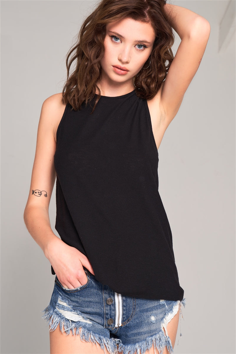 Women's Sleeveless Crew Neck Cut-out Back Detail Longline Top