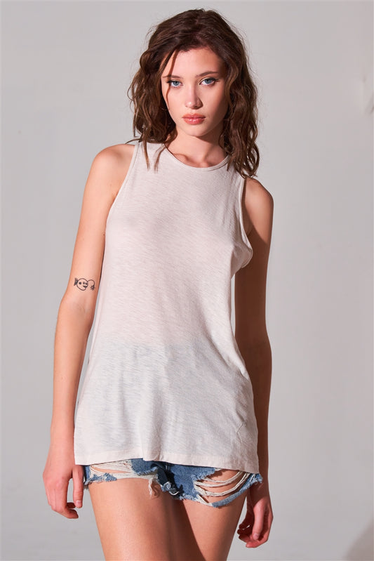 Women's Sleeveless Crew Neck Cut-out Back Detail Longline Top