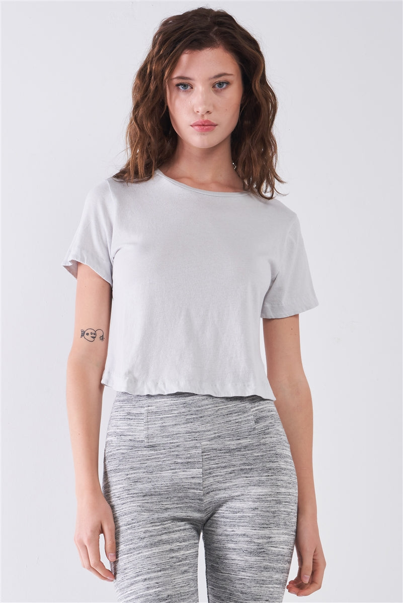 Women's Short Sleeve Round Neck Petal Split Back Detail Crop Tee