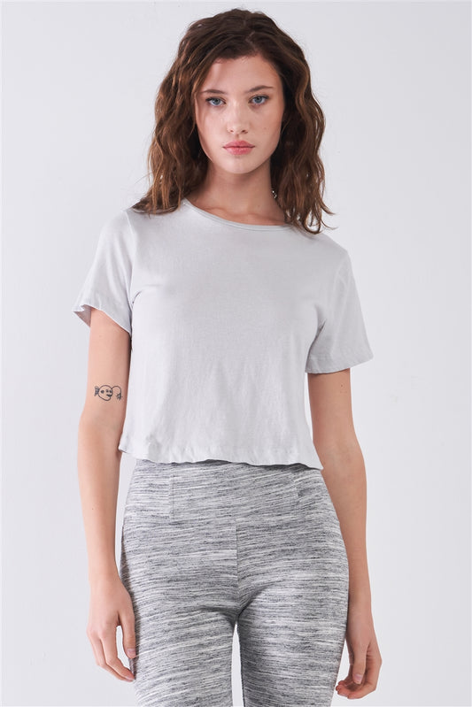 Women's Short Sleeve Round Neck Petal Split Back Detail Crop Tee