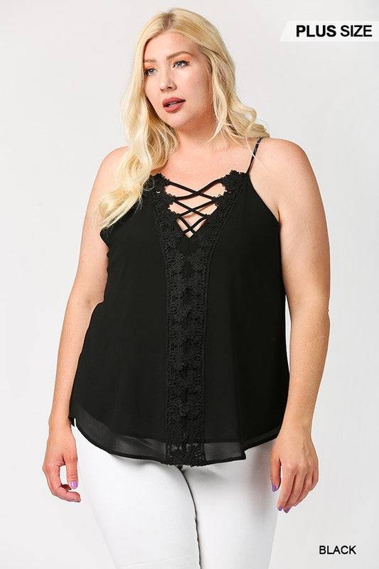 Women's Plus Plunging V-neckline Lattice Top With Scalloped Lace