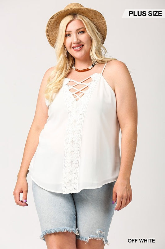 Women's Plus Plunging V-neckline Lattice Top With Scalloped Lace