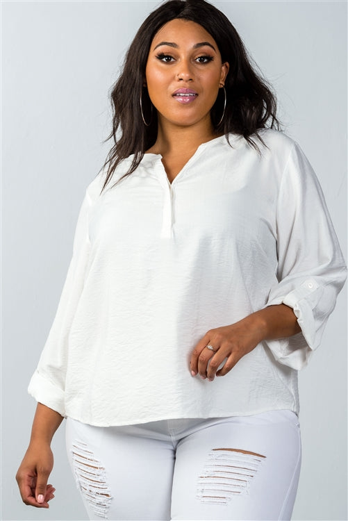 Women's Plus Size Oatmeal Stand-up Collar Roll Tab Sleeve Blouse