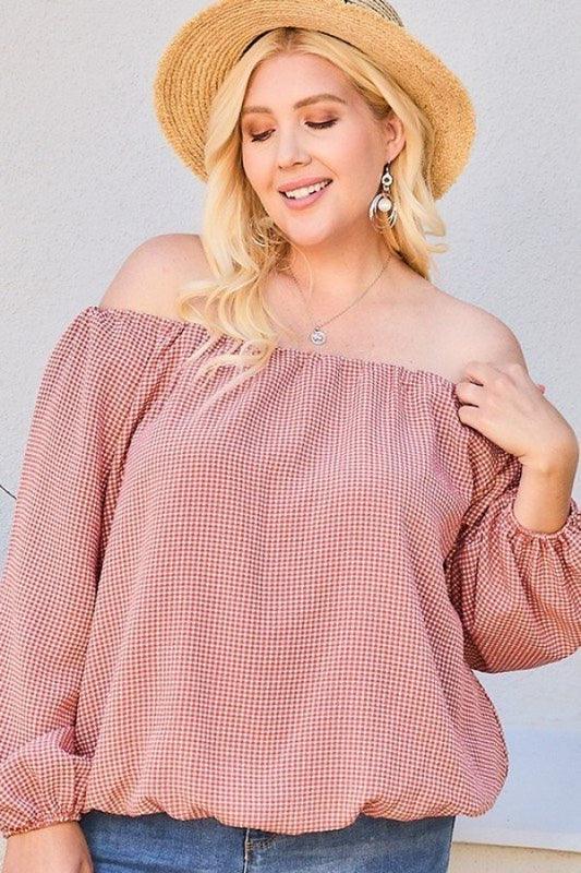 Women's Plus Off Shoulder Long Bubble Sleeve Plaid Top