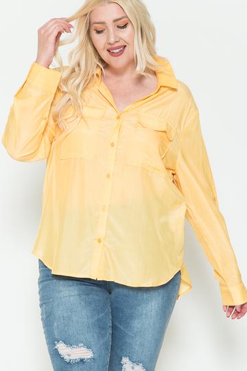 Women's Plus Size Chest Pocket Oversized Satin Shirt