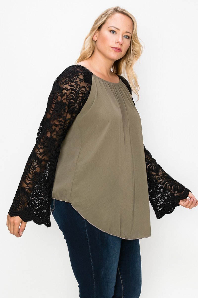 Women's Plus Solid Top Featuring Flattering Lace Bell Sleeves