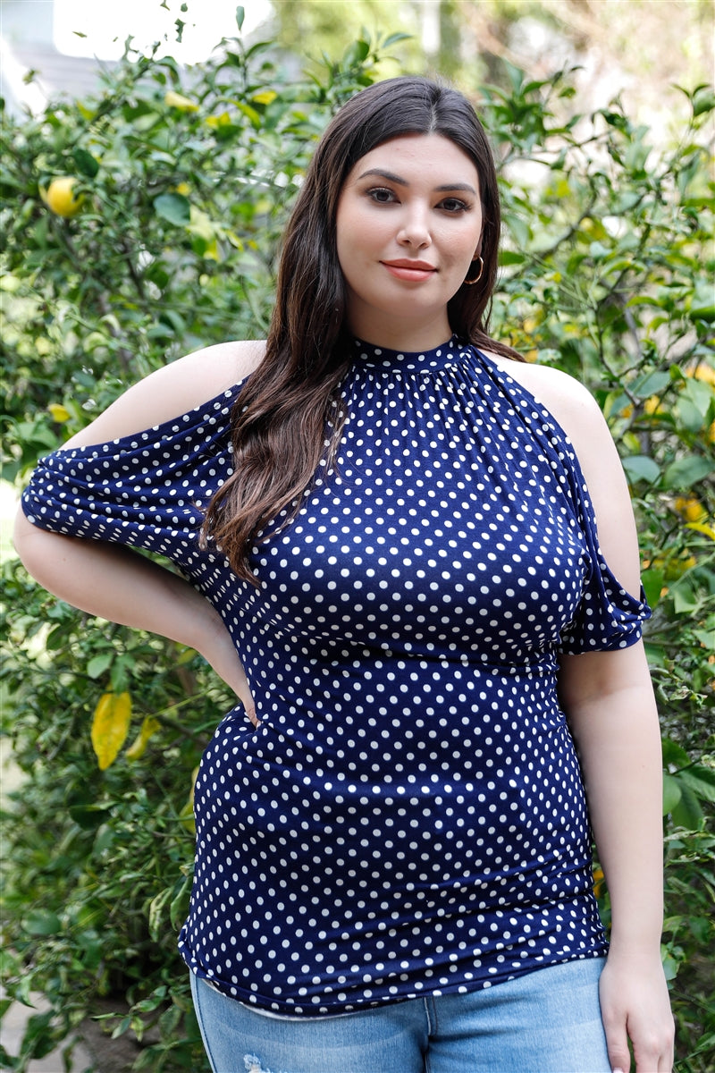 Women's Plus Polka Dot Cold Shoulder Short Sleeve Back Self-tie Top