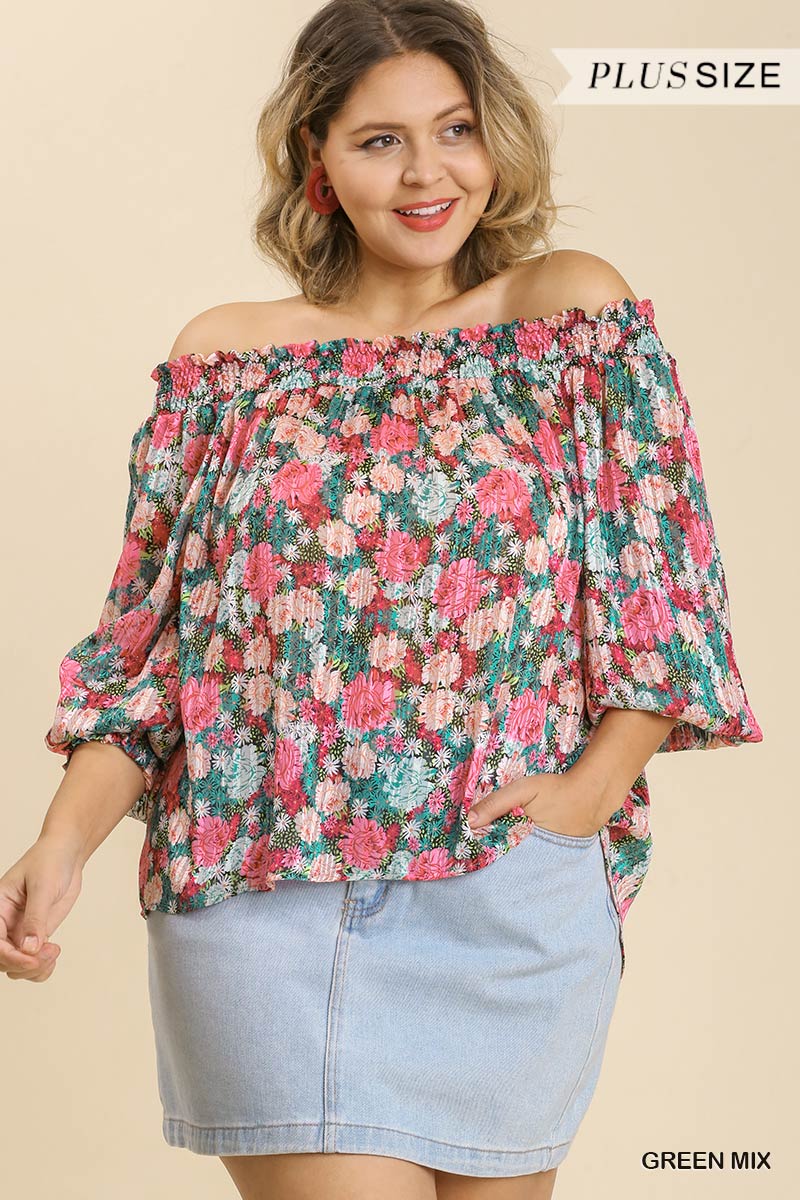 Women's Plus Sheer Floral Print Metallic Threading Long Sleeve Off Shoulder Top With High Low Hem