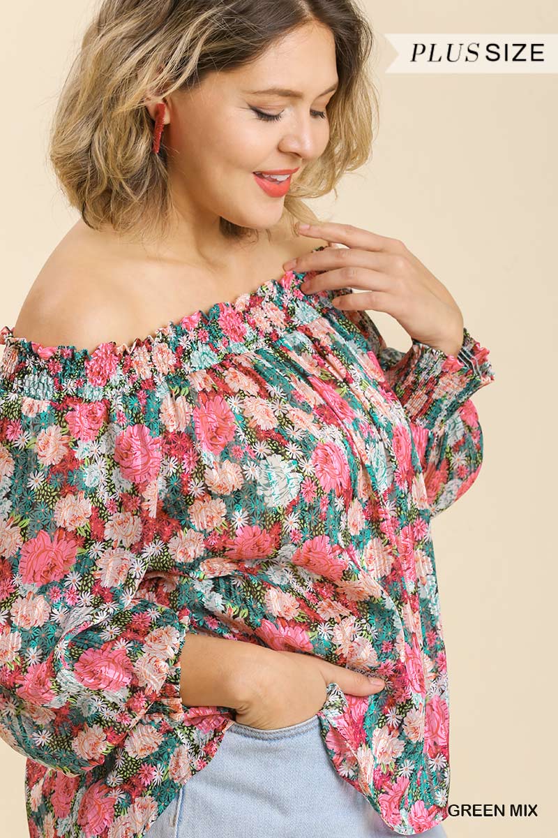 Women's Plus Sheer Floral Print Metallic Threading Long Sleeve Off Shoulder Top With High Low Hem