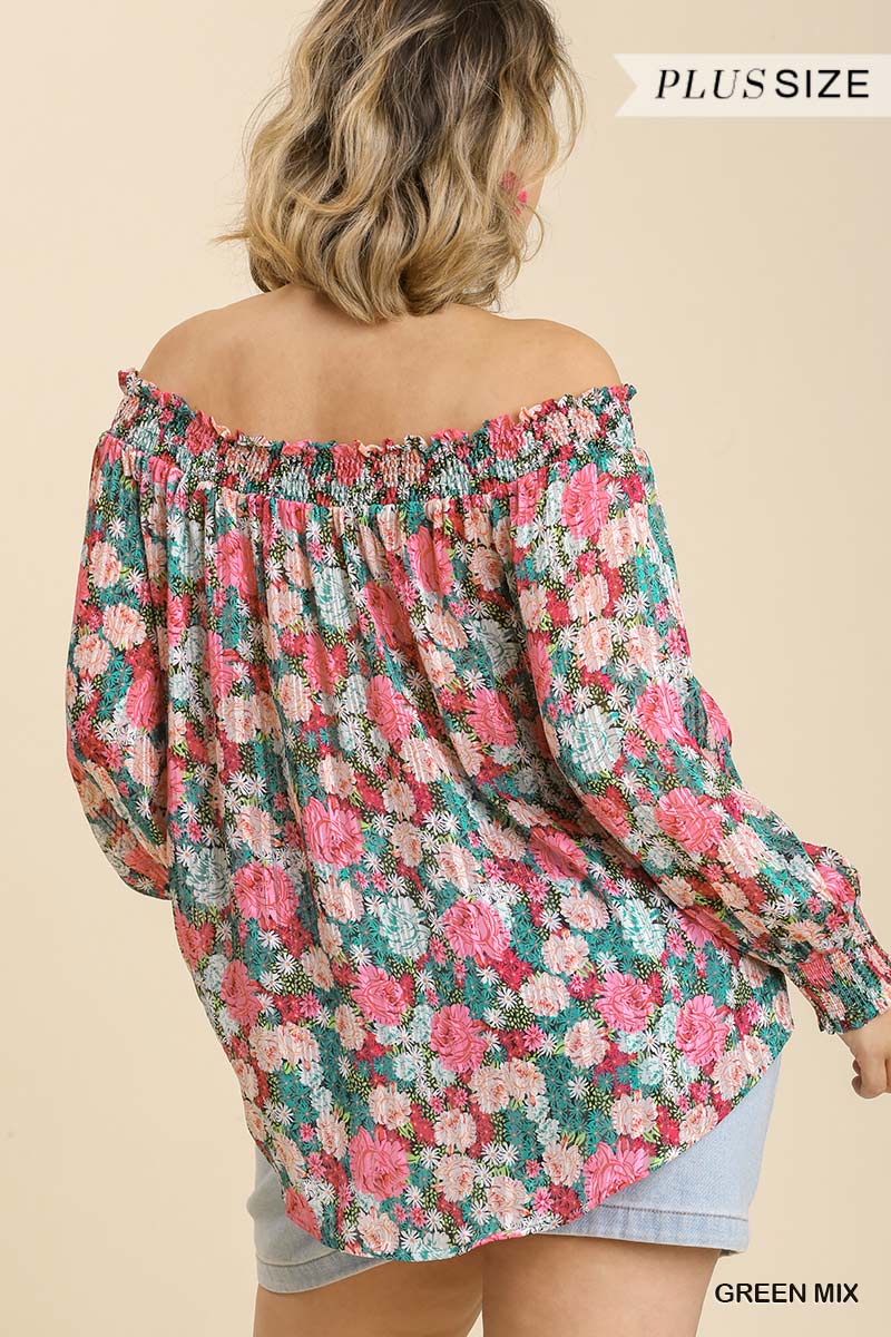 Women's Plus Sheer Floral Print Metallic Threading Long Sleeve Off Shoulder Top With High Low Hem