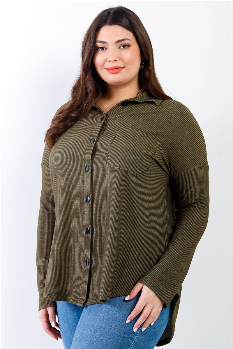 Women's Plus Black Ribbed Collared Button Up Shirt Top