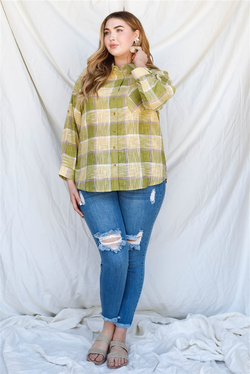 Women's Plus Lime Cotton & Linen Blend Textured Plaid Shirt Top