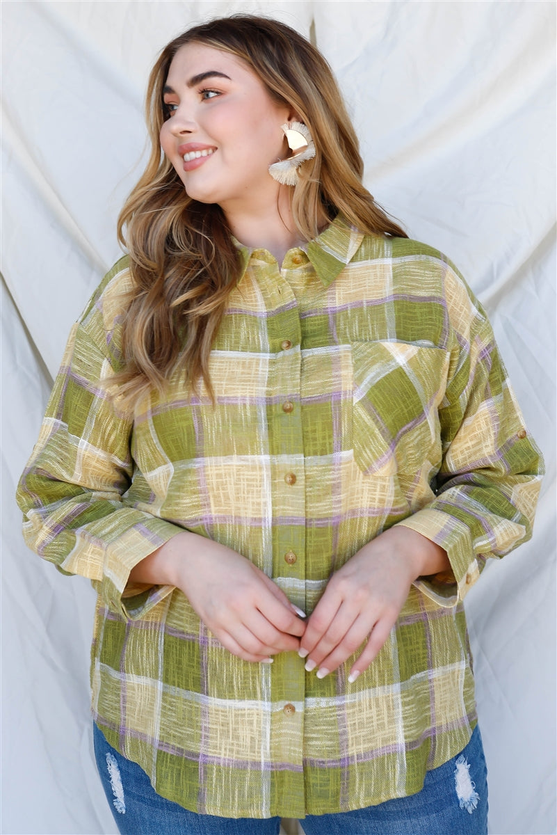 Women's Plus Lime Cotton & Linen Blend Textured Plaid Shirt Top