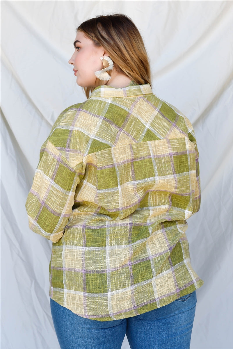 Women's Plus Lime Cotton & Linen Blend Textured Plaid Shirt Top