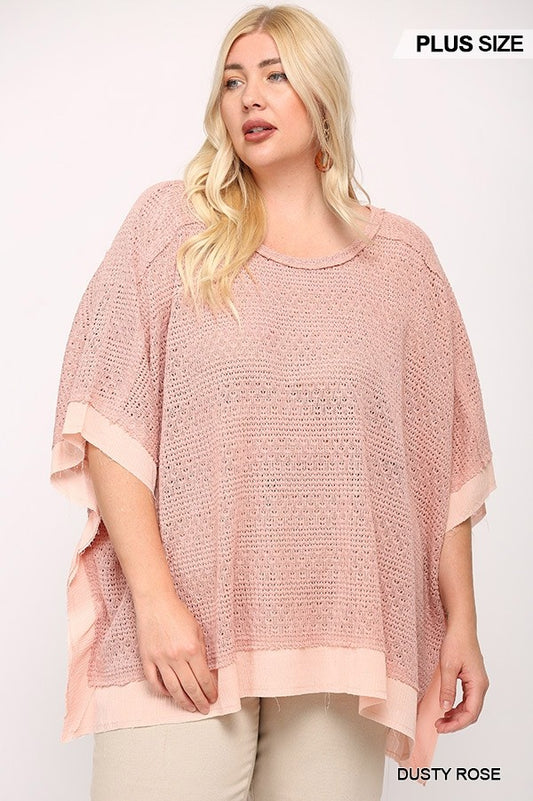 Women's Plus Light Knit And Woven Mixed Boxy Top With Poncho Sleeve