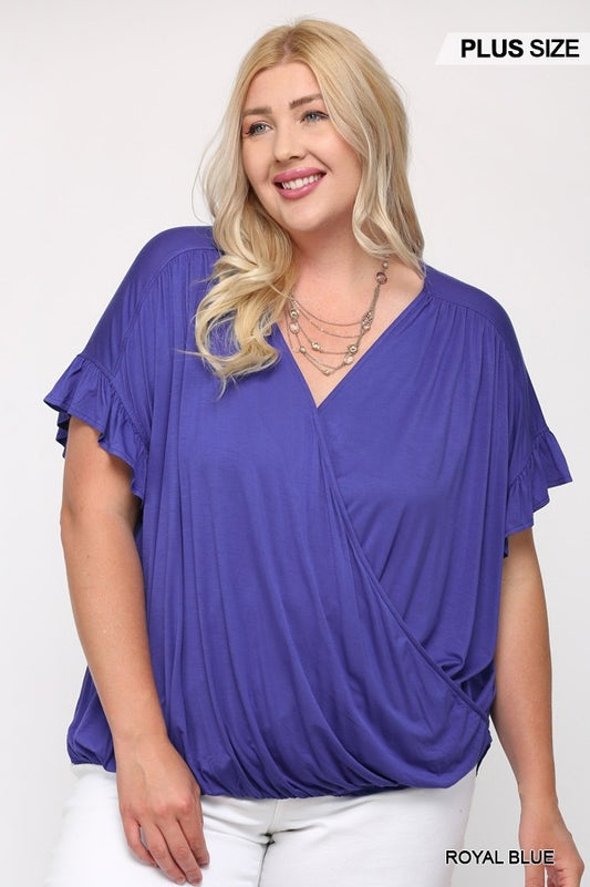 Women's Plus Solid Viscose Knit Surplice Top With Ruffle Sleeve