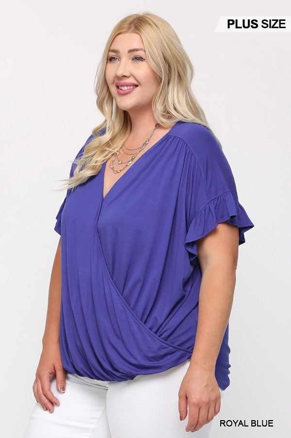 Women's Plus Solid Viscose Knit Surplice Top With Ruffle Sleeve