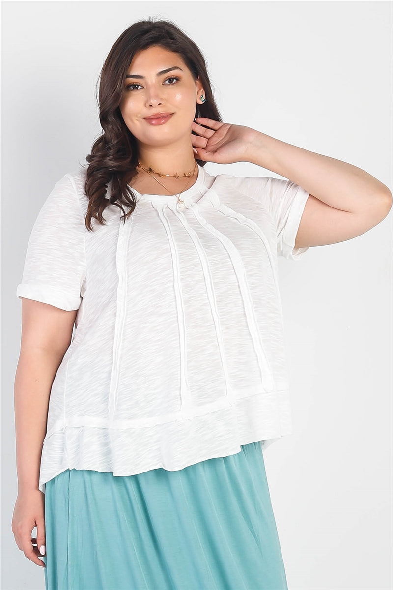 Women's Plus White Trim Detail Round Neck Short Sleeve Top