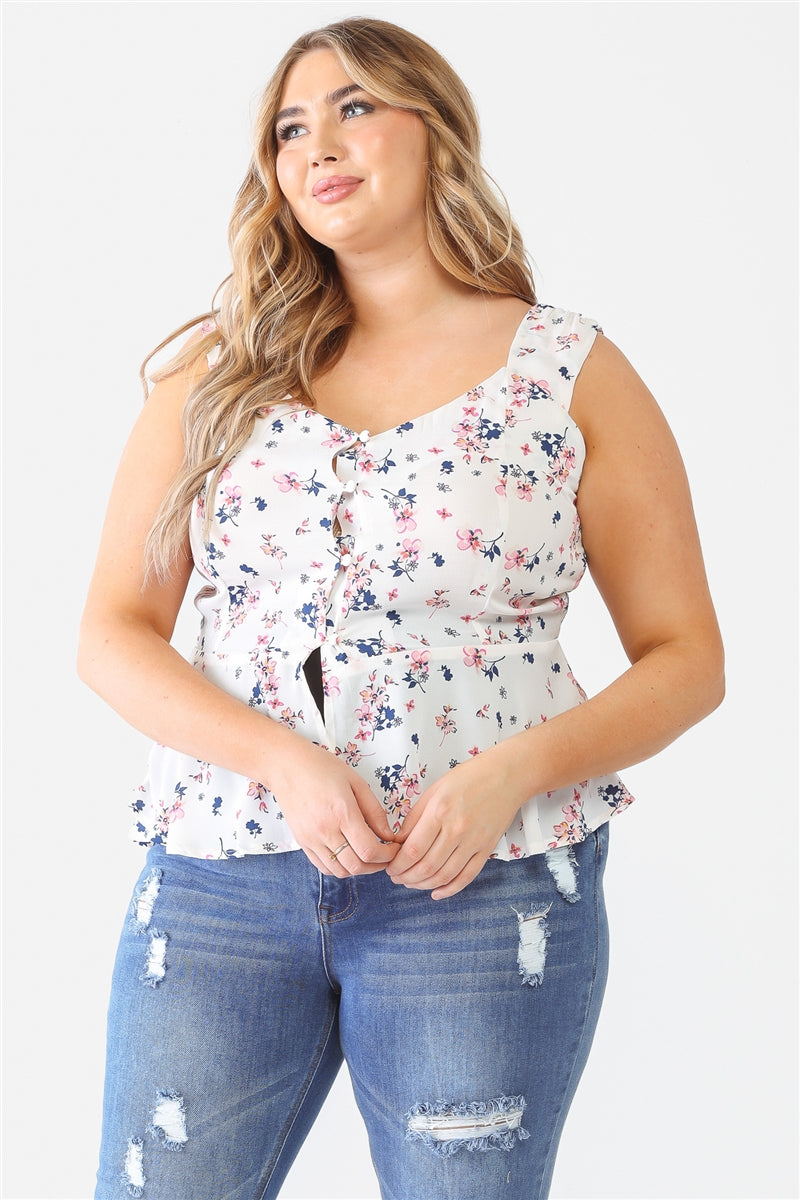 Women's Plus Floral Button-up Sleeveless Flare Hem Top