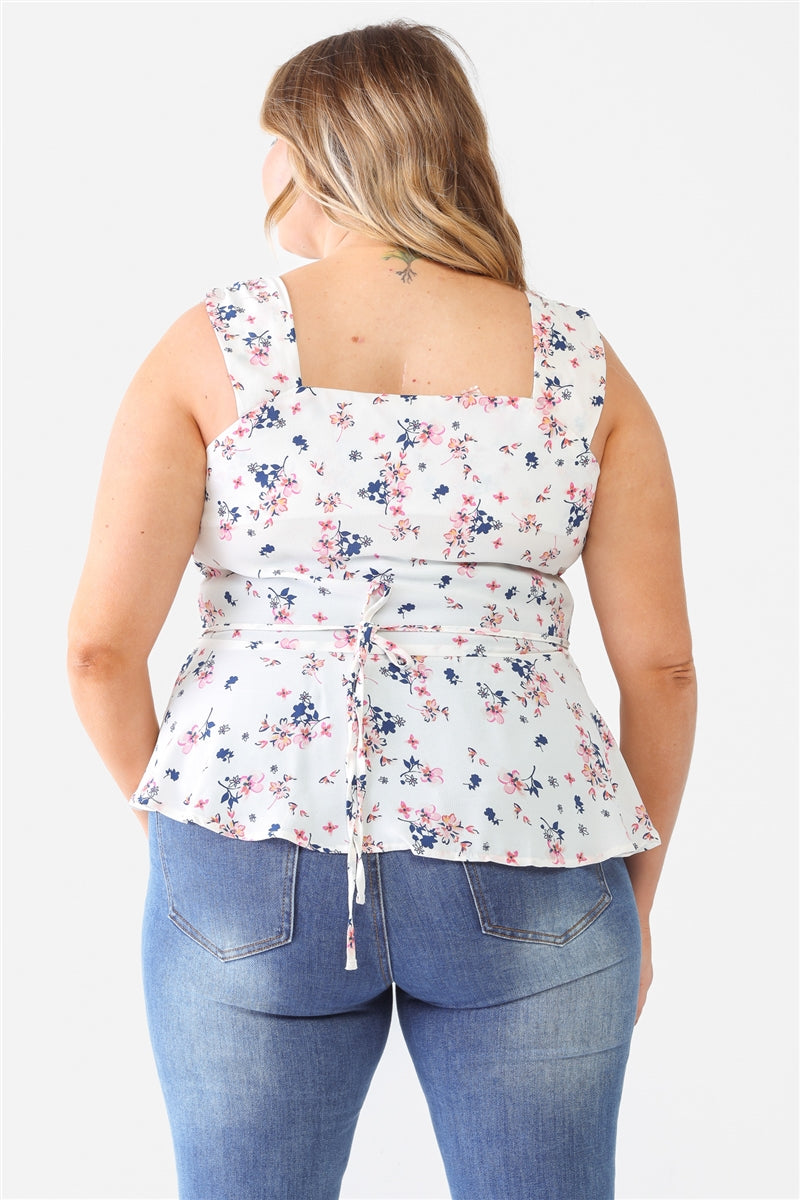 Women's Plus Floral Button-up Sleeveless Flare Hem Top