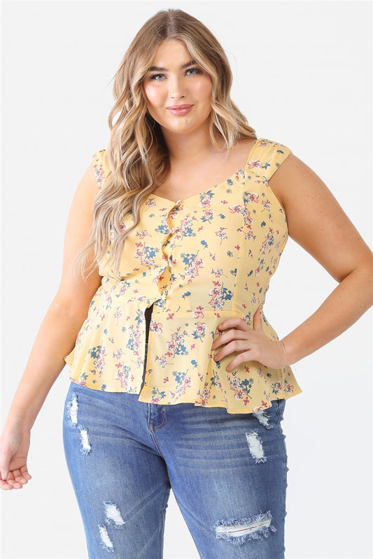 women's Plus Floral Button-up Sleeveless Flare Hem Top