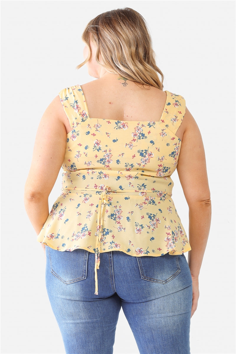 women's Plus Floral Button-up Sleeveless Flare Hem Top